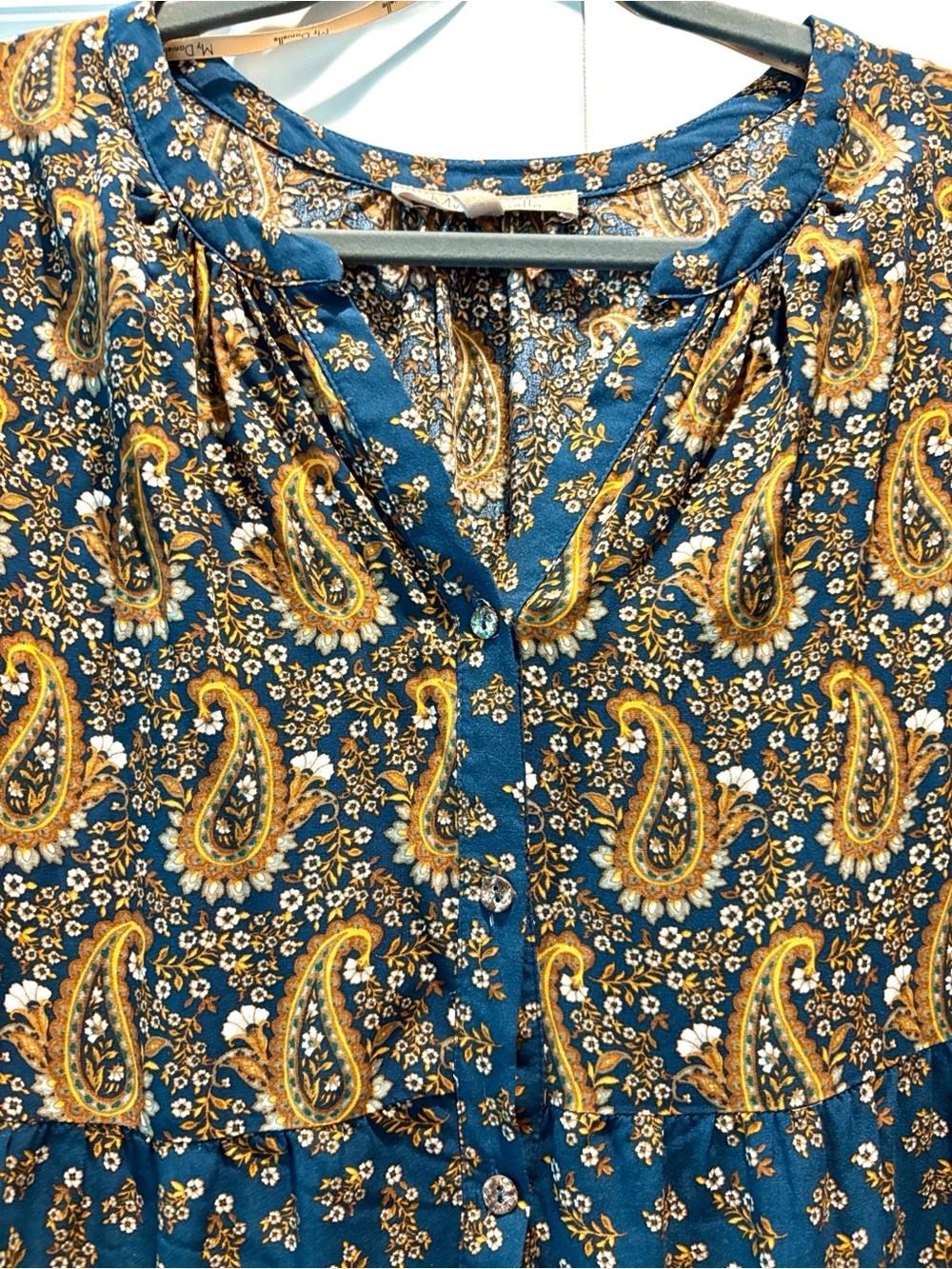 Boho Floral Paisley Tiered Dress in Peacock Blue and Mustard - Picture 3 of 6